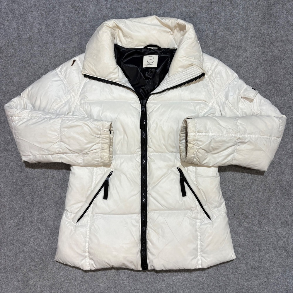 S13 NYC Women Cream White Quilted Puffer Jacket Full Zip Winter Coat Small